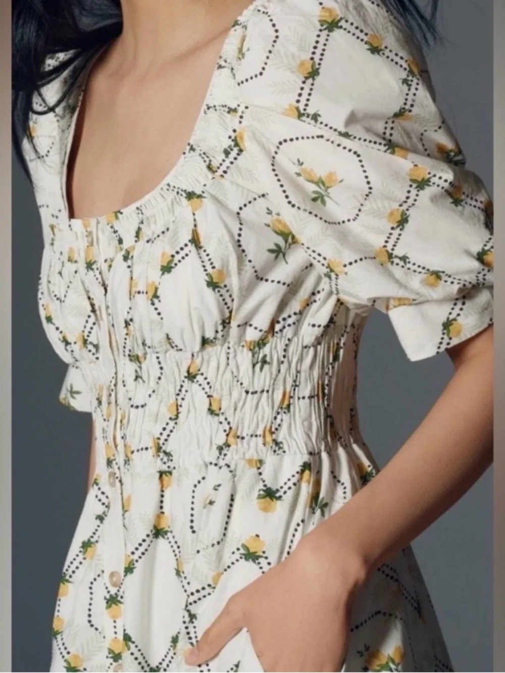 Anthropologie White Dress with Yellow Floral & Black Dot Trim size Small - Picture 3 of 8